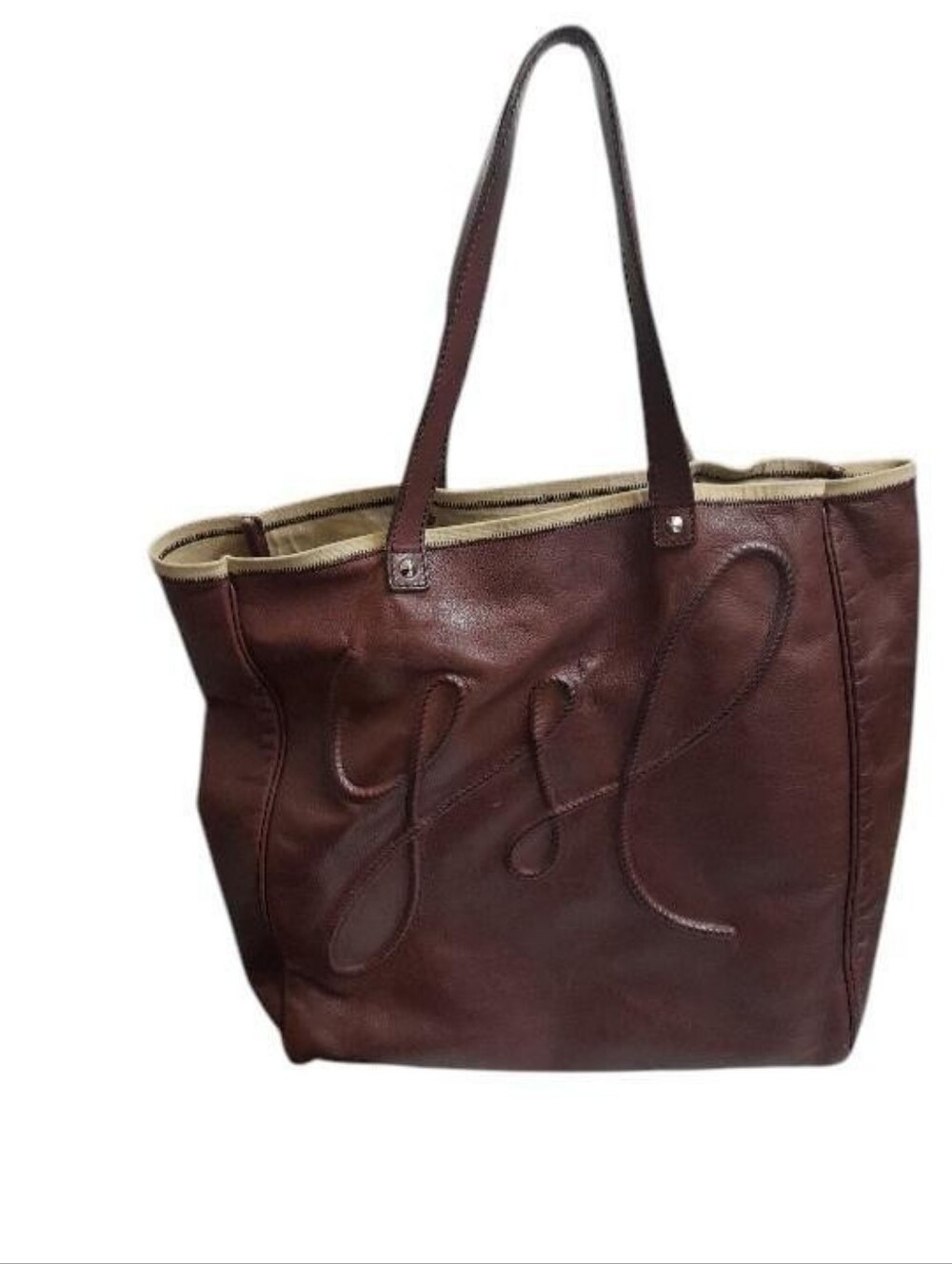 Yves Saint Laurent Brown Leather Tote with Beige Trim